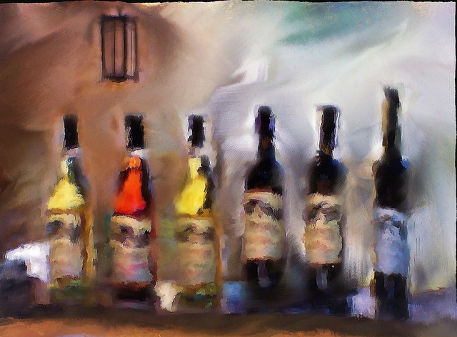 Six bottles of wine. Painterly still life. Perissos Vineyard.