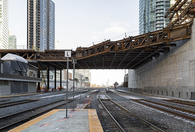 20190116. The steel support structure for the elevated park between the future CIBC Square's two towers spans the Union Station rail corridor.