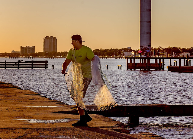 Man casting brill net at Broadwater Beach Marina in Biloxi Mississippi