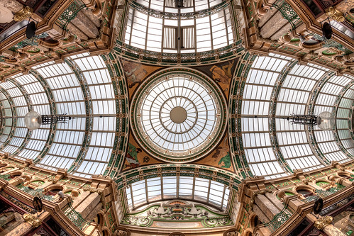 architecture arch ceiling up lookingup lowangleofview lowpov leeds countyarcade victoriaquarter england westyorkshire shoppingcentre symmetry canoneos40d city fisheyelens hdr highdynamicrange