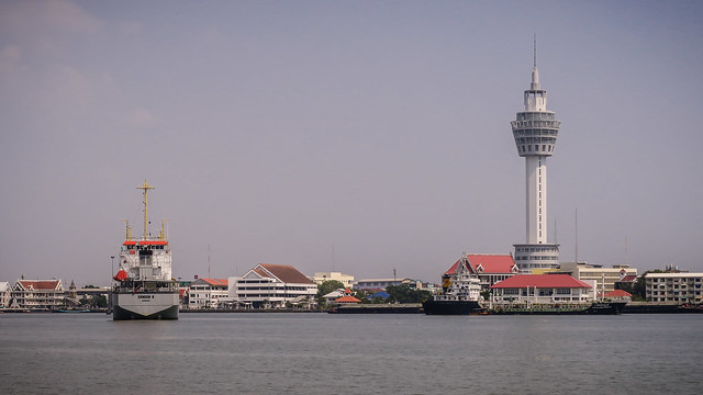 Pak Nam Observation Tower and Boat on Chao Phraya River