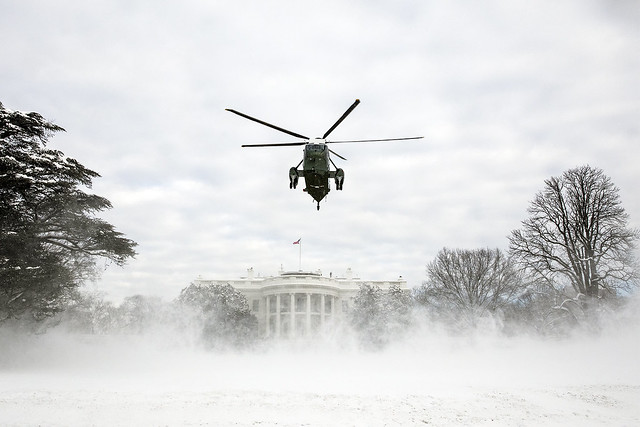 President Trump Departs a Snow Covered South Lawn in Marine One