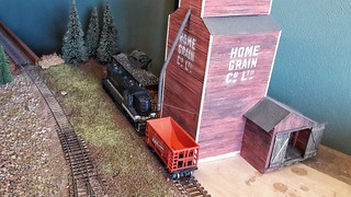 The grain elevator in the far corner of the layout.