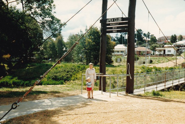 Mum with  Brendan, visiting rellies in  Collie, WA - 1984 - at Suspension Footbridge over the Collie River.