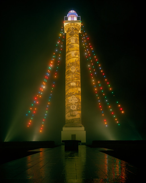 The Astoria column on a misty December night