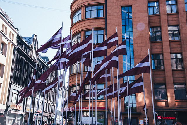 Latvian flags flying in Riga, Latvia