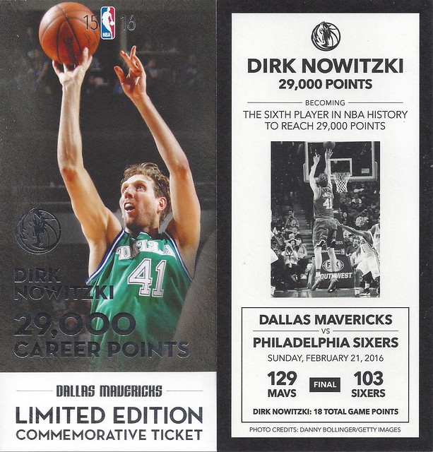 February 21, 2016, Dallas Mavericks vs Philadelphia 76ers, Dirk Nowitzki 29,000 points, American Airlines Center, Dallas, Texas - Commemorative Ticket