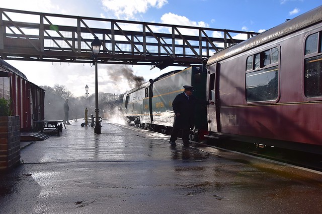 Southern Railway Bulleid Pacific Loco No.34081 '92 Squadron' about to take the 15.10 local to Yarwell, as the Guard closes the doors. Nene Valley Railway Southern Weekend. 10 03 2019