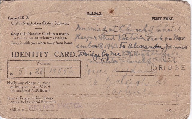 Wartime Identity Card - Joyce Bridge - Australia - side A