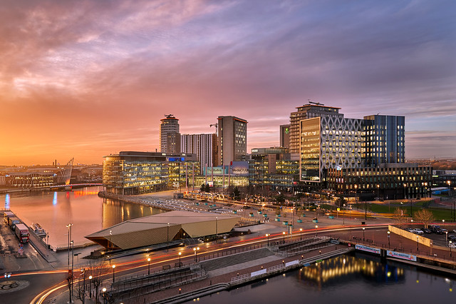 Media city in Salford Quays at sunset