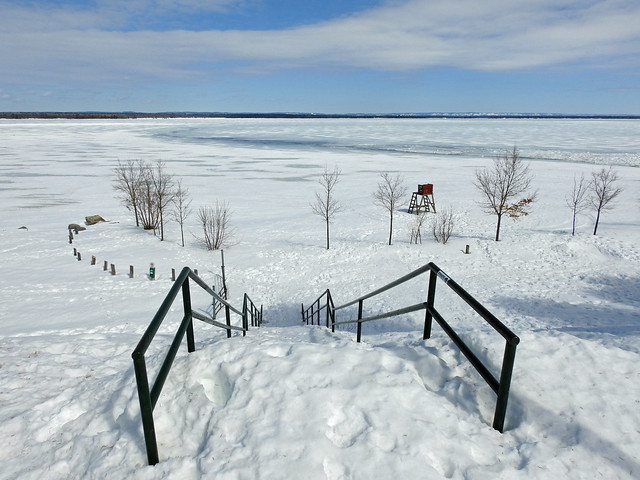 A view of the shores of the frozen Ottawa River in Robert Simpson Park in Arnprior, Ontario