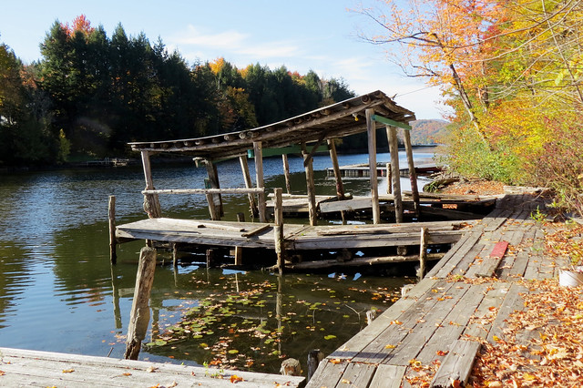 Old wooden docks next to the Narrows covered bridge in Fitch Bay (Stanstead), Québec