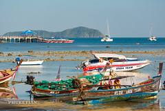 Yachts and boats at low tide, Rawai beach, Phuket island, Thailand