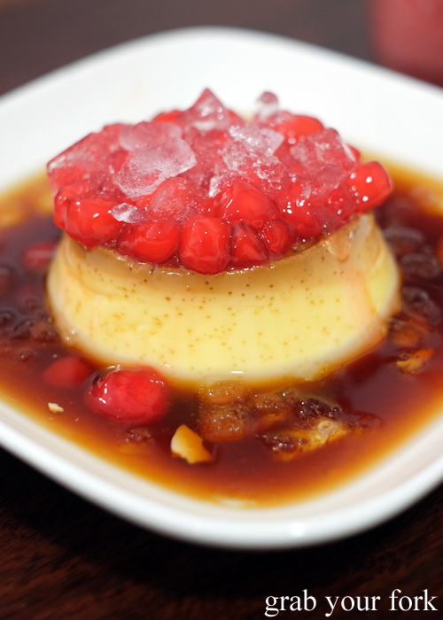 Banh flan Vietnamese creme caramel with ice and red rubies at Cafe Nho in Bankstown Sydney