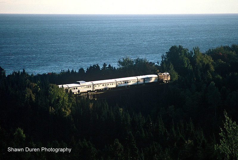 VIA Rail Train #17, the Chaleur crosses the trestle at Gascons, Quebec. October 6, 2003.