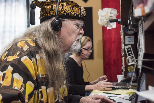 Tommy Boehm on the phone at WWOZ Spring 2018 Pledge Drive final day on March 23, 2018. Photo by Ryan Hodgson-Rigsbee RHRphoto.com