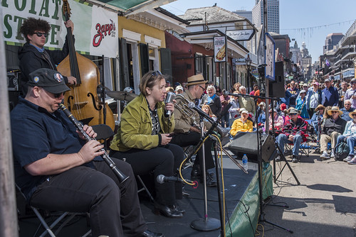 Shotgun Jazz Band perform along Bourbon Street during French Quarter Fest 2018 on April 15, 2017. Photo by Ryan Hodgson-Rigsbee RHRphoto.com