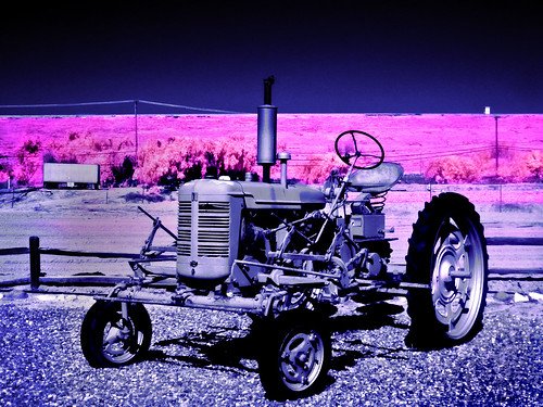 tractor farm gravel aerochrome eir kodak pink blue purple fh20 lumix dc vario 14mp infraredconversion 650nm kolarivision california ca placentia originalmanasserofarms rural countryside 7dwf landscape
