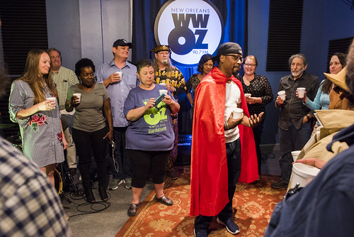 Superman/WWOZ Development Director Marcel McGee shares his thanks at the close of WWOZ Spring 2018 Pledge Drive final day on March 23, 2018. Photo by Ryan Hodgson-Rigsbee RHRphoto.com