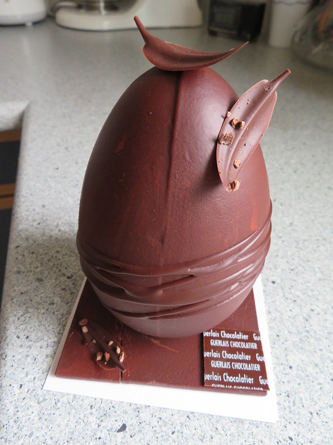 Grand cru dark chocolate Easter egg filled with chocolates with ganache. Vincent Guerlais, Nantes, France.