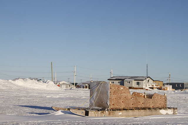 Side view of a traditional Inuit cargo sled or Komatik in the Arviat style in the Kivalliq region