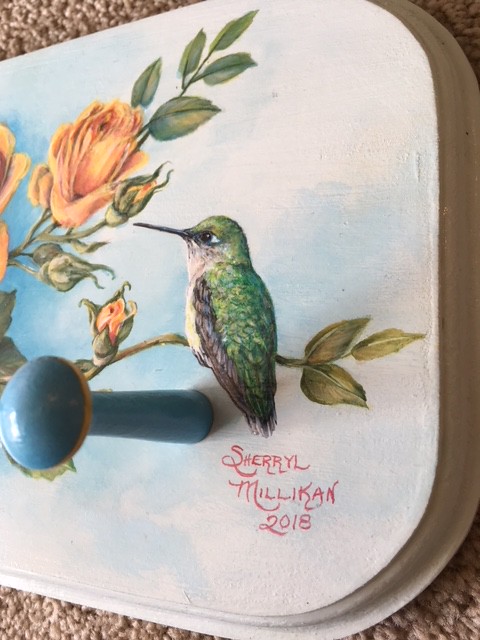Female hummingbird & yellow roses painting by sherrylpaintz