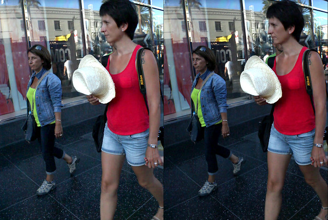 Pretty foreign woman visitor to Hollywood Blvd in 1920p tall UHD video in 3D. Shot with two Canon 5DM2s rotated 90 degrees. This is a single pair 