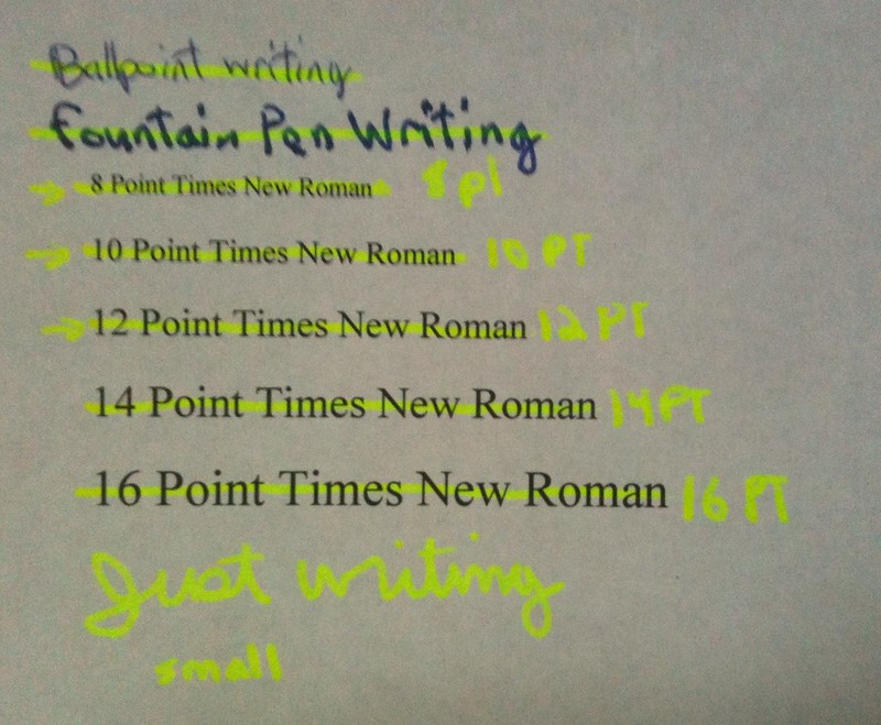 different size sample writing in Times New Roman and by hand, all highlighted with neon yellow highlighter.