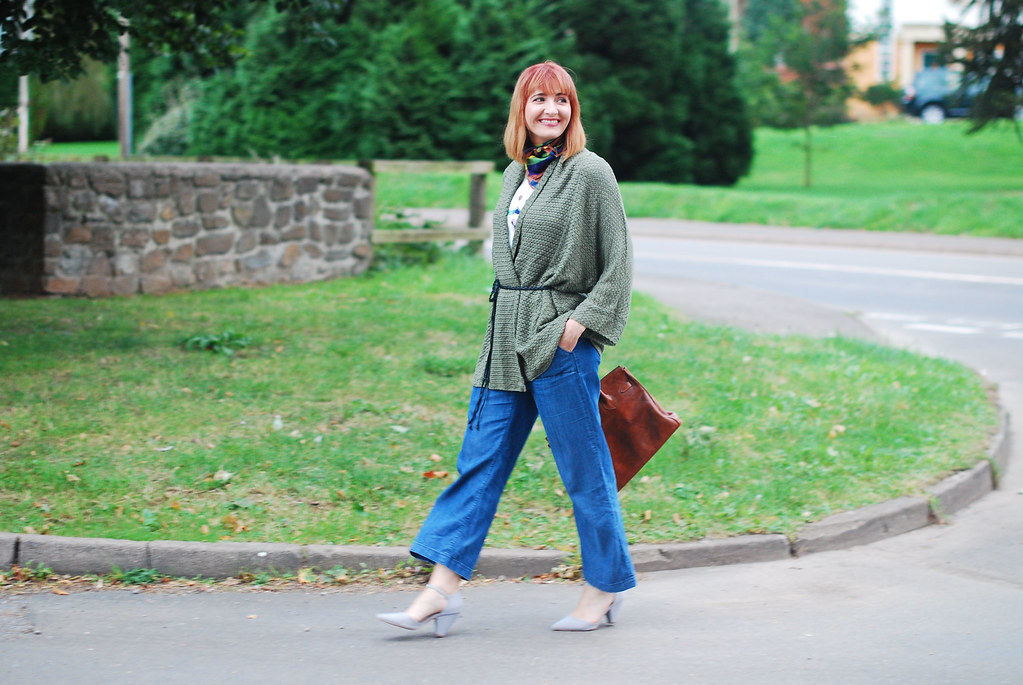 How to style cropped wide leg jeans for autumn (fall) - olive cardigan - Birkin-style bag - coloured neck scarf | Not Dressed As Lamb, style over 40