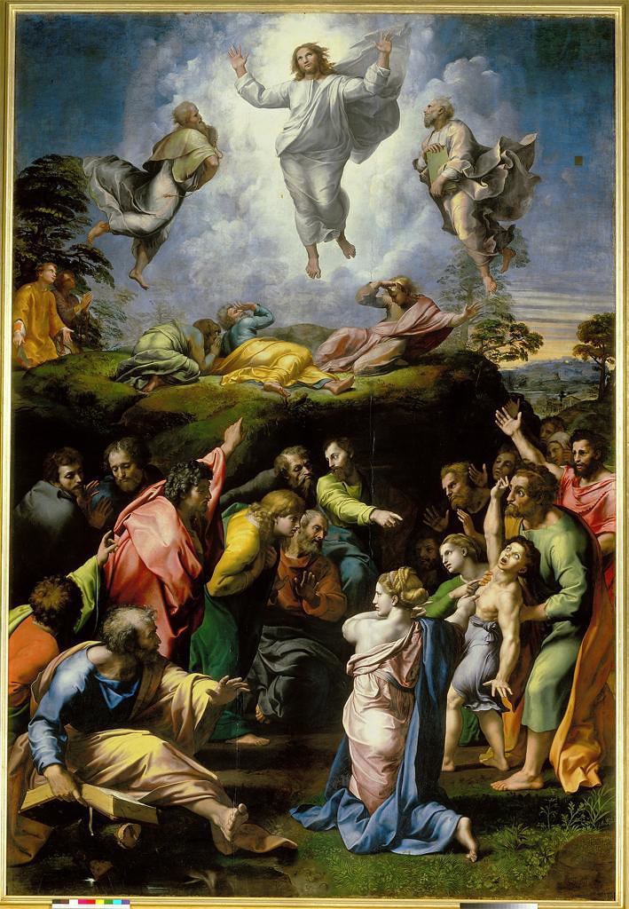 A colorful and vivid painting of the transfiguration of Jesus. 