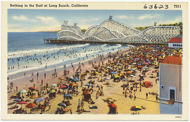 Bathing in the surf at Long Beach, California