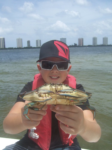 Casey holds a BIG blue crab.