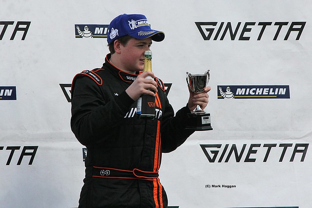 The Ginetta Junior podium at the 2012 BTCC weekend at Donington Park in April 2012