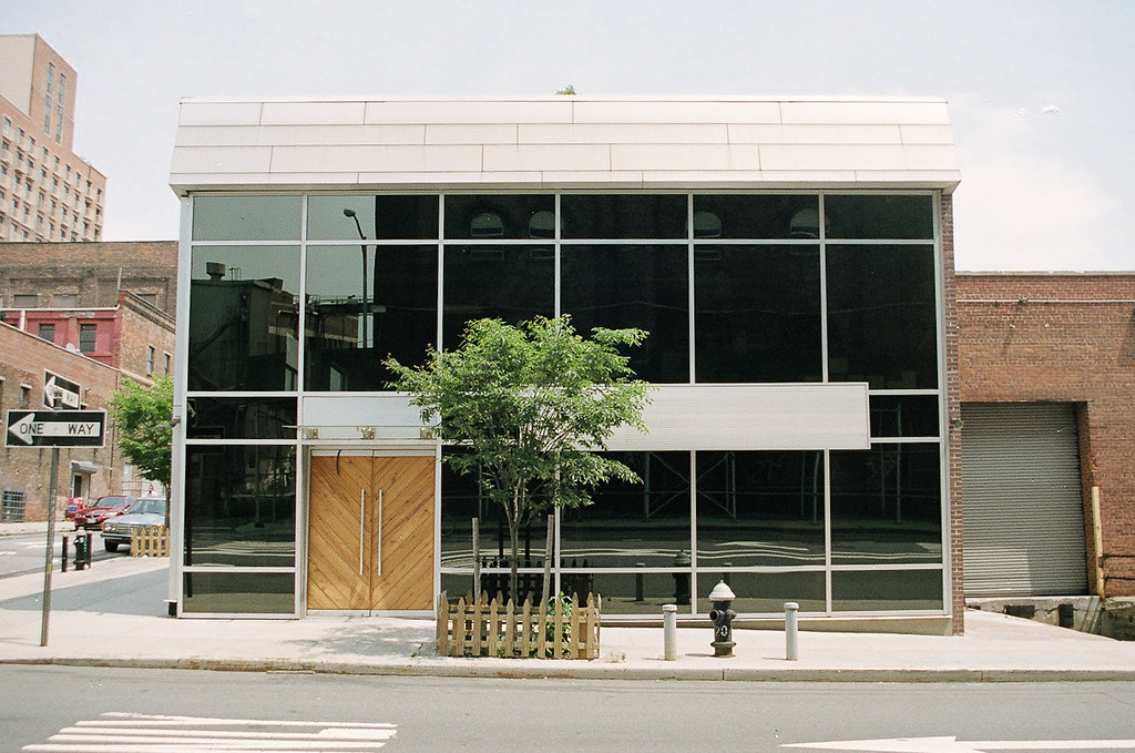 Modern building facade with tinted glass windows, light-wood doors, and a sidewalk tree in Brooklyn.