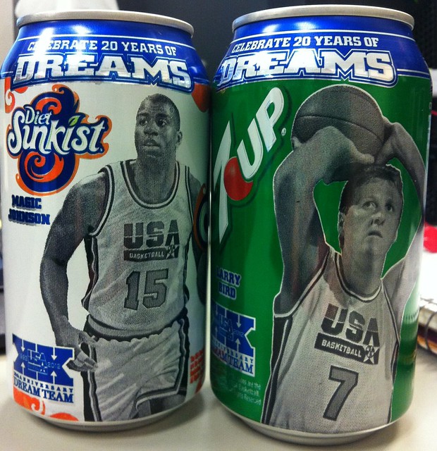 7-Up collector can featuring Larry Bird and Diet Sunkist collector can featuring Magic Johnson (2012)