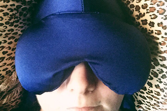 Inevitable migraine on first day of staycation. Dorky eye mask cap does help with pain and nausea, at least. #migraine #ow #blurgh