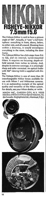 Fisheye-Nikkor 7.5mm f/5.6 lens advertisement.