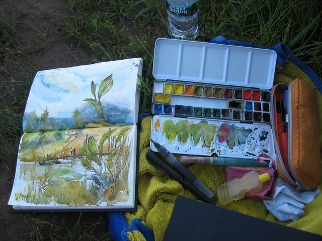 Sketching at the lake with vintage Rembrandt set of watercolors and a bit of Lamy Safari pen.