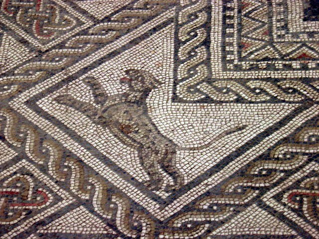 Detail of Mosaic in-situ (232 sq.m) of one of the basilica rooms, Roman Grand (Andesina), France