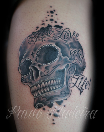 Dia de Los Muertos Black And Grey Skull Tattoo