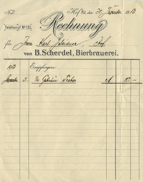 Rechnung einer Brauerei 1913 in Hof