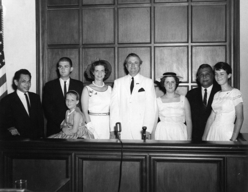Bill Daniel, who served as Governor of Guam from 1961 – 1963, and family pose with Guam Congressman Antonio Won Pat and Governor Manuel Guerrero. Governor Daniel's family includes First Lady Vara Faye, three daughters and a son: Anne, Susan, Dani, and Will. Courtesy of the Micronesia Area Research Center (MARC).