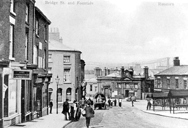 Runcorn -  Bridge Street and Market stalls & Fountain