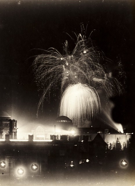 Fireworks over the 1915 Panama Pacific Exposition, San Francisco, USA. The exposition was held to celebrate the completion of the Panama Canal.