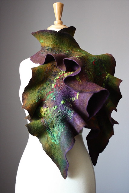 Nuno Felted scarf Wool Silk Purple Green collage Abstract Contemporary Original Modern Art
