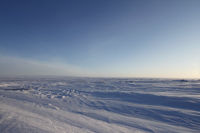 White winter arctic landscape with blowing snow on the ground a blue endless sky