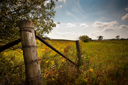 summer sky usa tree nature field wisconsin clouds rural corner fence landscape photography photo midwest image farm horizon country rustic picture september barbedwire northamerica canonef1740mmf4lusm 2012 evansville fencepost canoneos5d rockcounty lorenzemlicka