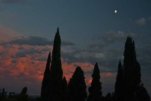 Sunset with cypresses and half moon by echumachenco, Seen in Asolo, Veneto.italien sunset red italy moon rot clouds mond italia tramonto nuvole sonnenunt