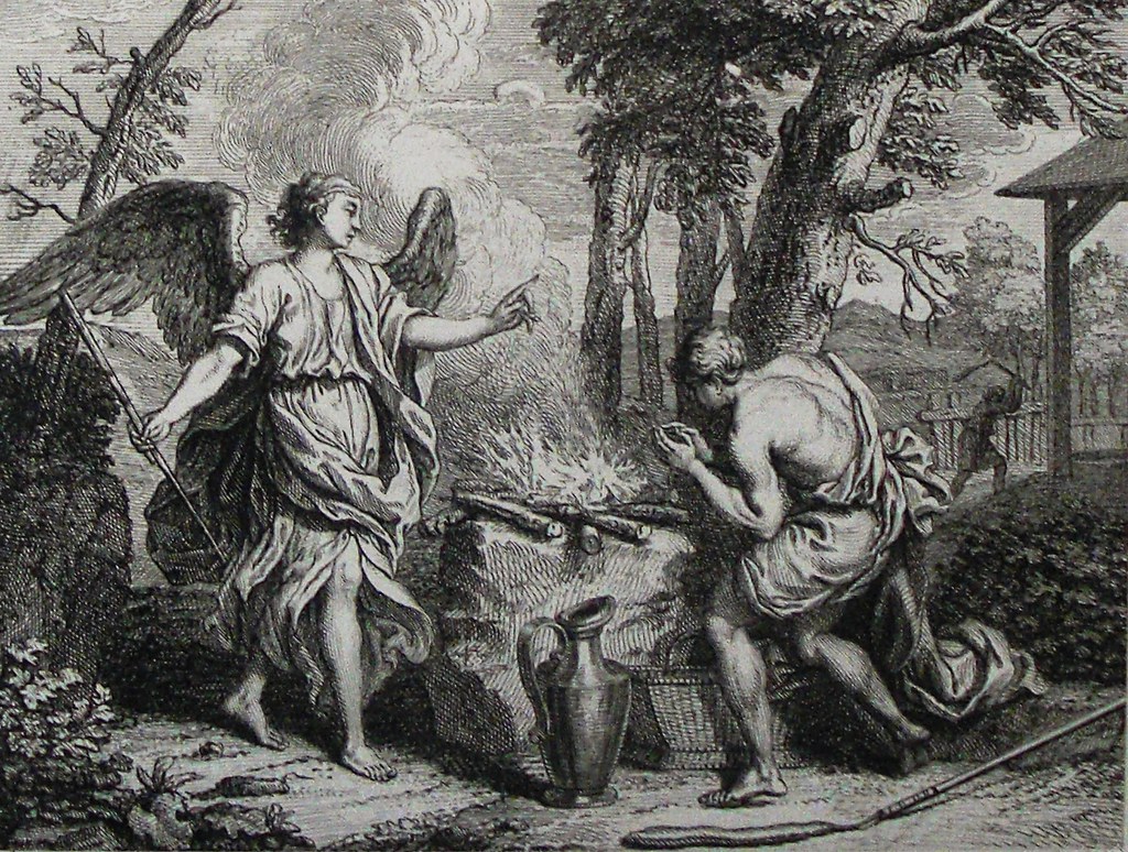 Phillip Medhurst Bible 698. Gideon offers a sacrifice. Judges cap 6 v 21. Dutch Bible