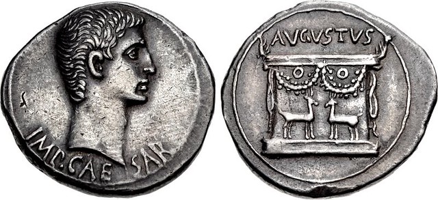 Augustus. 27 BC-AD 14. AR Cistophorus (25mm, 12.01 g, 12h). Ephesus mint. Struck circa 25 BC. IMP. CAE SAR, bare head right / AVGVSTVS, garlanded altar sculpted with two confronting hinds. RIC I 479; Sutherland Group VI, 190 (O19/R– [unlisted rev. die]);